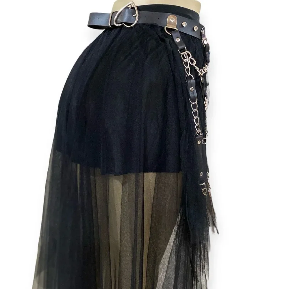 Black Leather Harness Waist Wide Skirt Chain Belt - NEW